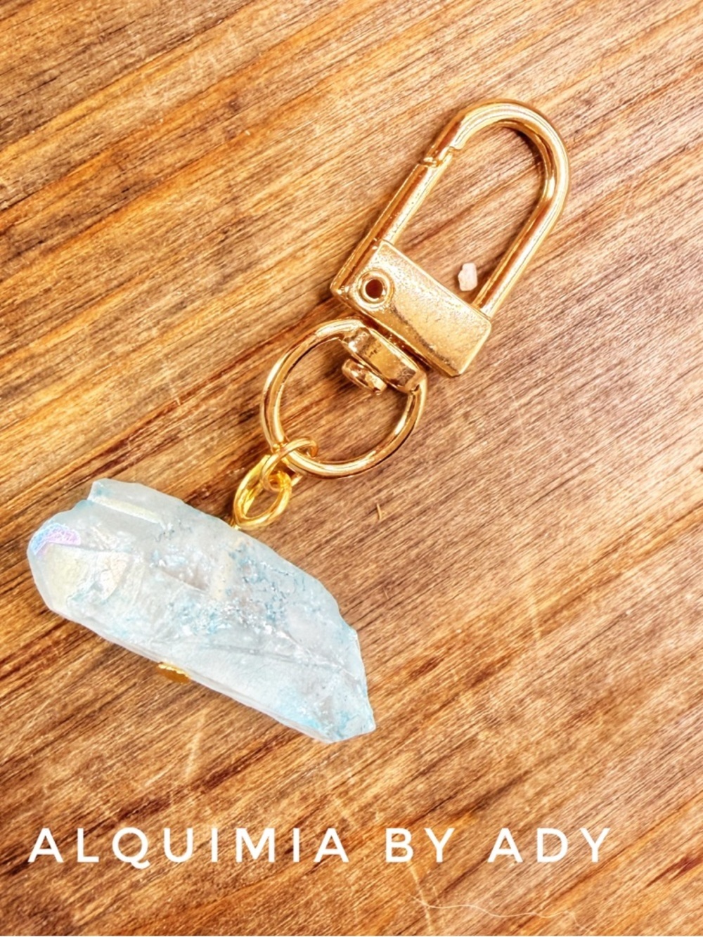 Gold Hardware Keychain with Light Blue RAW QUARTZ Crystal Charm
